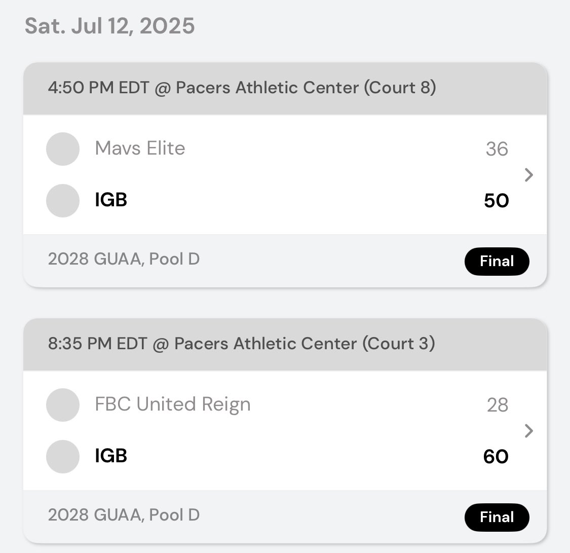 🔥GUAA Session 2: Day 1 (7-0)
👇Day 2: Tomorrow 
🏀11:50 am: Team Lex (Court 5) 
🏀4:50 pm: WVT Epps (Court 8)
