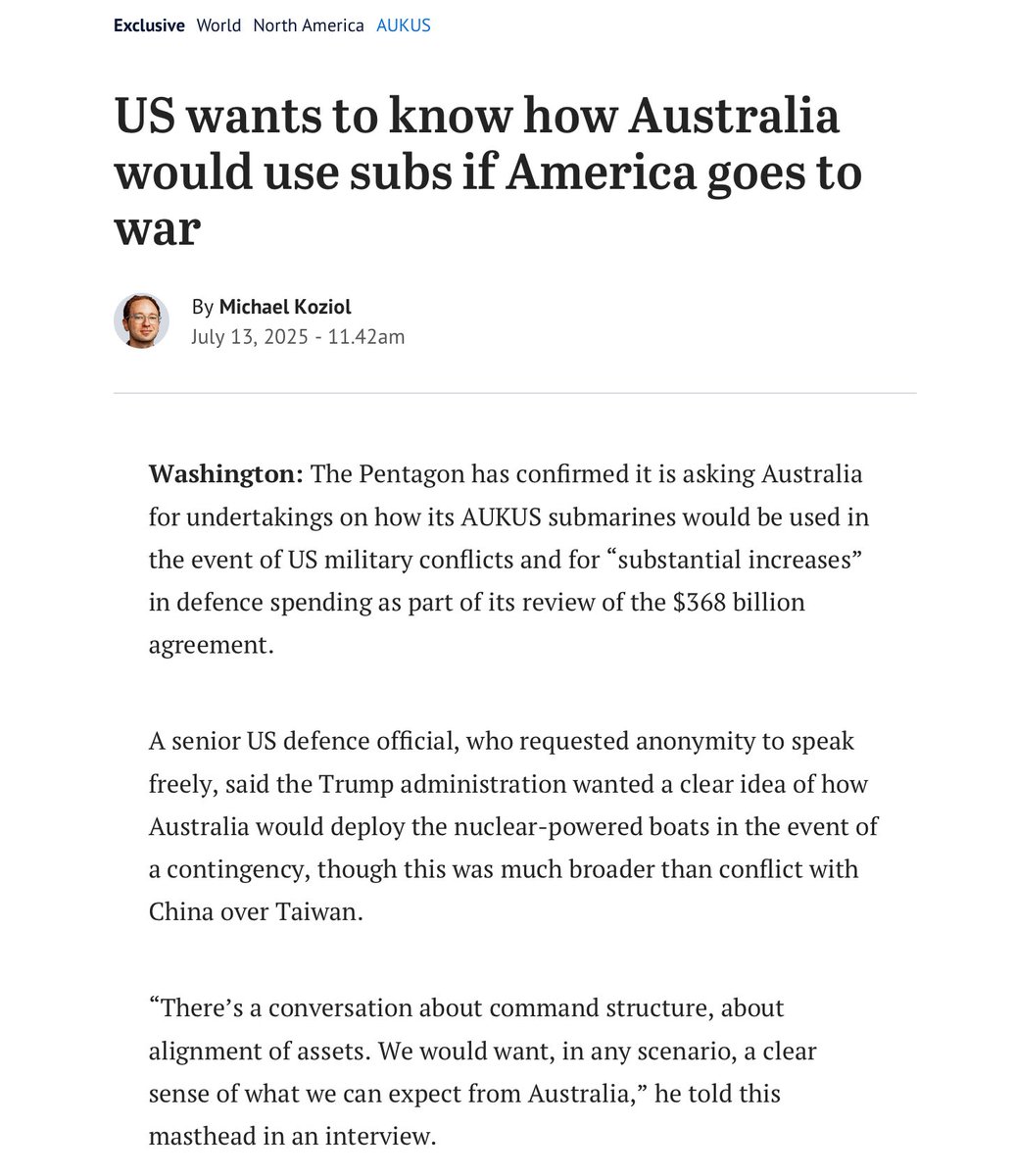 LabAgainstWar's tweet image. As we have said from the very beginning, AUKUS is about locking Australia into US war planning in East Asia, it is not about the defence and security of the Australian people.
smh.com.au/world/north-am…