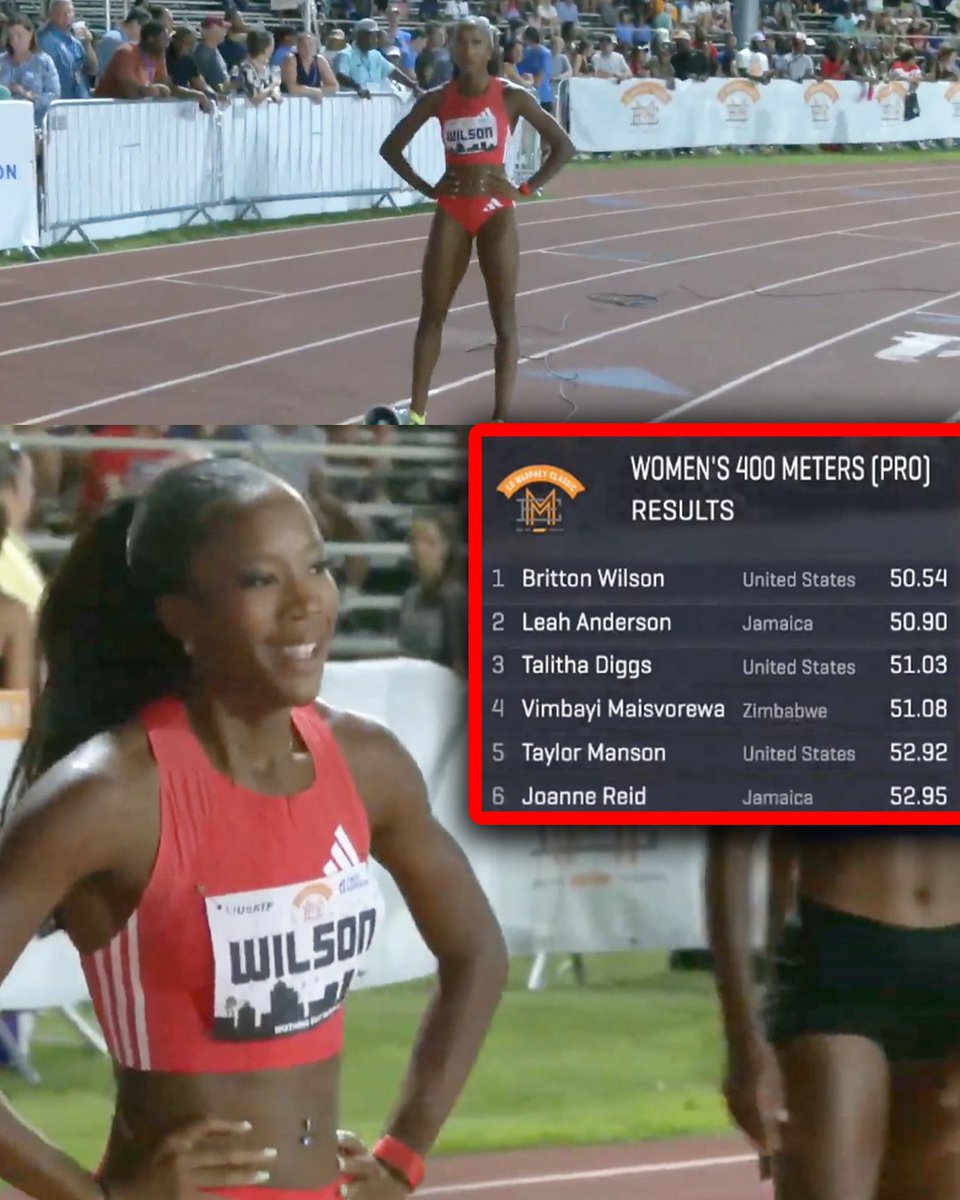 Back-to-back wins for 🇺🇸Britton Wilson in her return to racing this season and lowers her 400m SB to 50.54 at the Ed Murphey Classic.