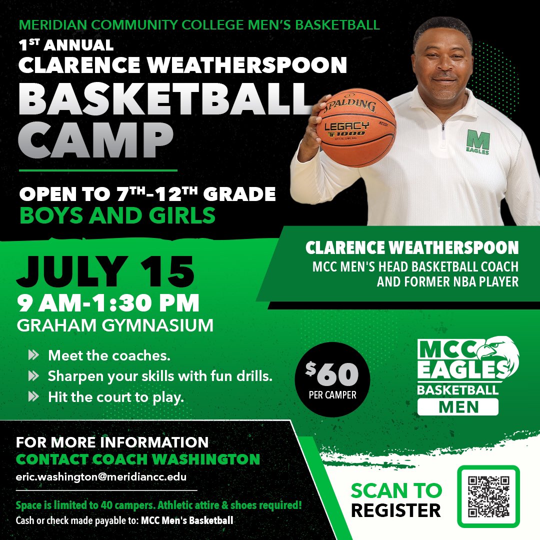 1st Annual Clarence Weatherspoon Kids’ Basketball Camp &amp; Middle/High School Basketball Camp. Camp T-Shirt given to all campers. Sign up today. <a href="/CCoachspoon/">Clarence Weatherspoon</a> <a href="/MCCEaglesBBALL/">MCCEaglesBBALL</a> 

July 14:
3rd - 6th grade Boys &amp; Girls

July 15:
7th - 12th grade Boys &amp; Girls