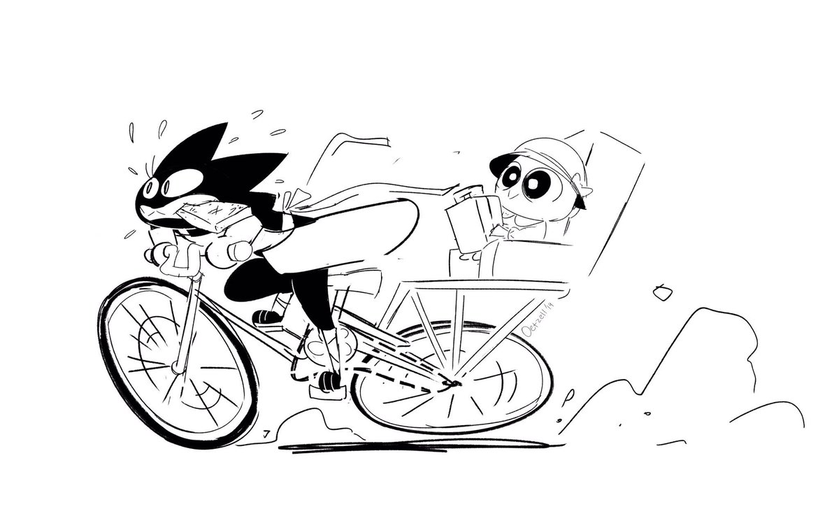 random_mao's tweet image. Today’s random post is Mao Mao and Adorabat riding a bike!
Art by Emily Oetzell
#maomaoheroesofpureheart