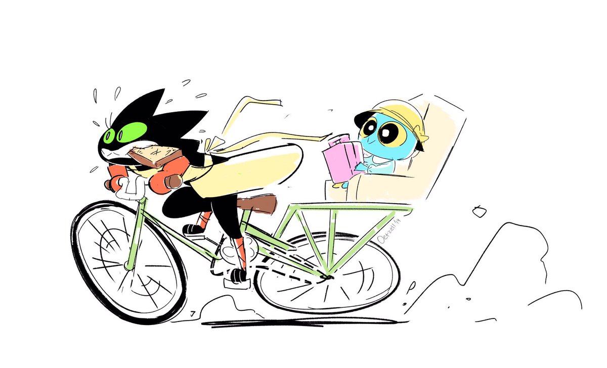 random_mao's tweet image. Today’s random post is Mao Mao and Adorabat riding a bike!
Art by Emily Oetzell
#maomaoheroesofpureheart