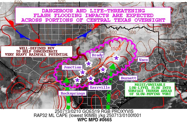 New update from the WPC highlights the increasing potential of “dangerous and life threatening” flash flooding for parts of Central Texas &amp; the Hill Country Saturday night into Sunday. 

Areas of torrential rain could develop overnight, with very high rainfall rates and total
