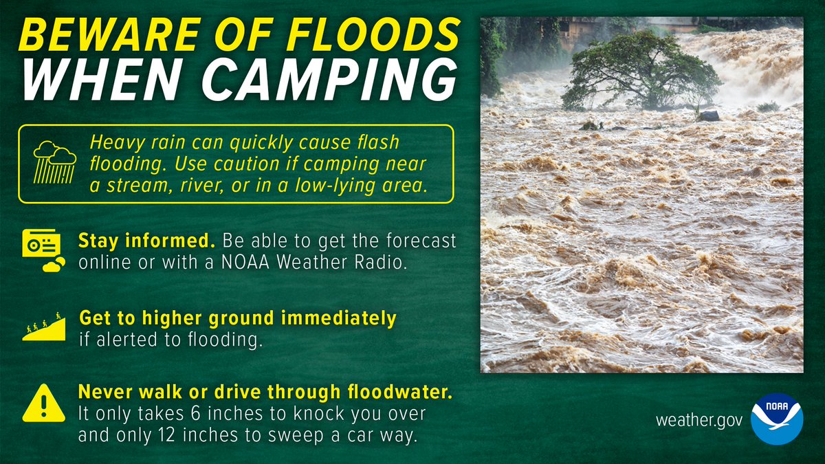 Heavy rain can lead to quickly escalating and sudden flash floods, whether you're on the road or at a campground. Have multiple ways to receive weather warnings. When alerted to a flash flood, immediately get to higher ground, and NEVER enter flood waters in a vehicle or by foot.