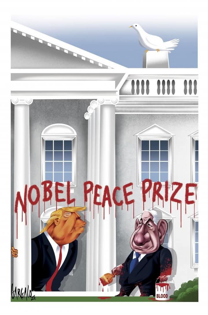 Nomination. Cartoon by Vasco Gargalo. More cartoons: buff.ly/FSekdnc

#NobelPeacePrize #Trump #Netanyahu