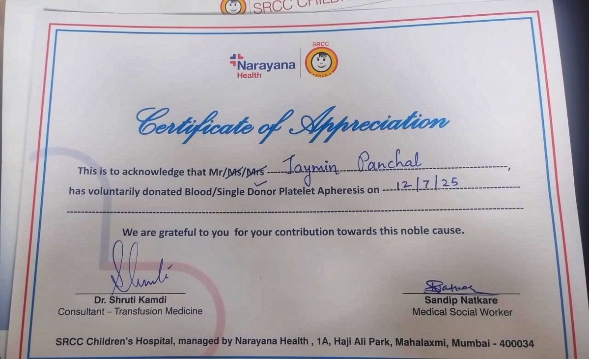 indiacares_2020's tweet image. Sana, an 11-yo girl from Kushinagar, UP, bravely fighting cancer, recently underwent a bone marrow transplant at SRCC Children's Hospital, Mumbai. As part of her recovery, she needs regular platelet transfusions to regain her strength.
Our heartfelt gratitude to @jemin_p for…