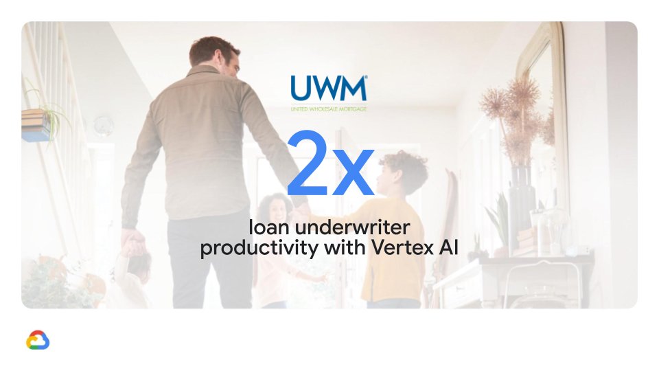 United Wholesale Mortgage is transforming the mortgage experience with Vertex AI, Gemini, and BigQuery! In just nine months, it has more than doubled underwriter productivity, resulting in shorter loan close times for 50,000 brokers and their clients.