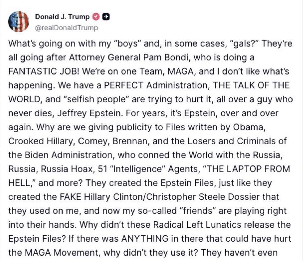 Trump has just silently admitted that he is on the Epstein list.

It’s actually very amusing to watch MAGA supporters scramble to find excuses and justify why Trump wouldn’t want the list of pedophiles to become public.