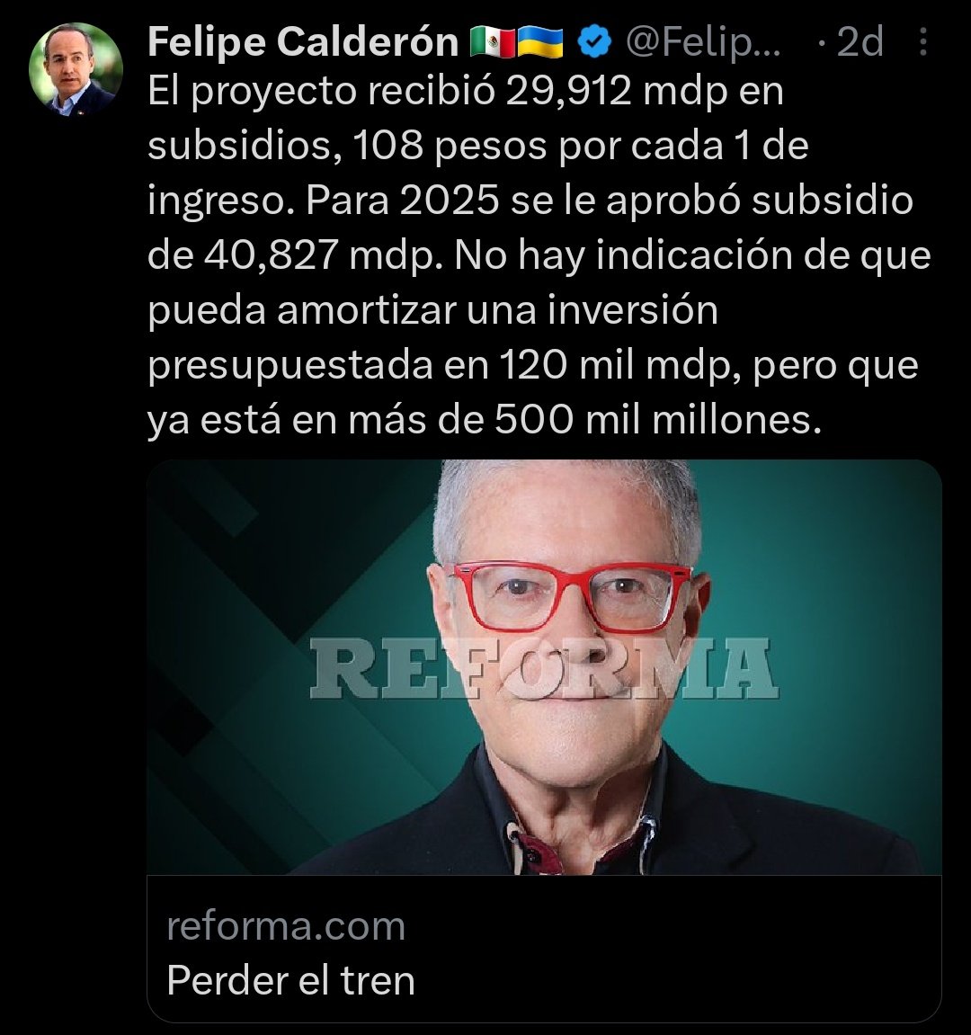 Michael Oviedo (@mike_oviedo) on Twitter photo Ahora resulta que <a href="/FelipeCalderon/">Felipe Calderón 🇲🇽🇺🇦</a> quiere hablar del tren maya.
Que nos hable mejor de la barda de refinería de 1,724 mdp o La Estela de Luz que costó más de 1,000 mdp. Deberían estar en los récords Guinness como “la barda” y “el monumento a la corrupción” más caros del mundo. Ahora resulta que <a href="/FelipeCalderon/">Felipe Calderón 🇲🇽🇺🇦</a> quiere hablar del tren maya.
Que nos hable mejor de la barda de refinería de 1,724 mdp o La Estela de Luz que costó más de 1,000 mdp. Deberían estar en los récords Guinness como “la barda” y “el monumento a la corrupción” más caros del mundo.