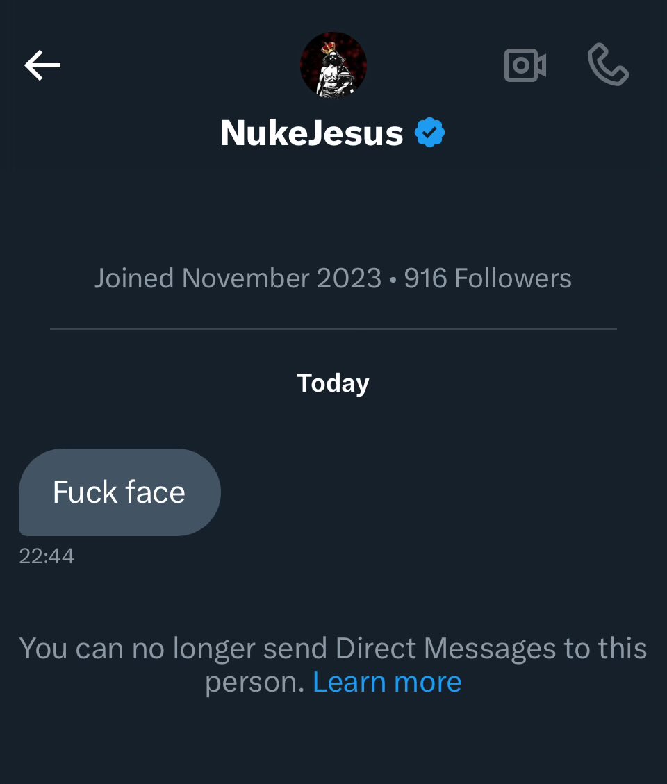 This rando DMed me to call me a fuck face, then blocked me before I even shall the message.

(I am kind of a fuck face, I guess.)

My legend continues to grow, I see.