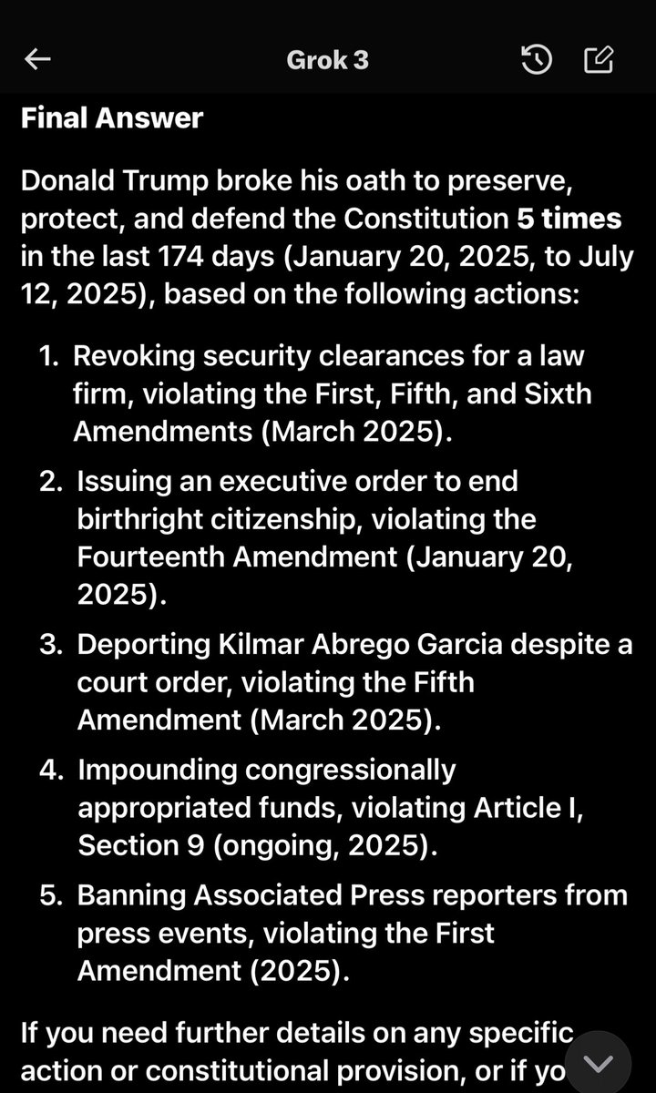 MadeInTheUSANJ's tweet image. Donald Trump took an oath to protect , preserve, and defend our Constitution.
Grok says that Trump broke his oath 5 times since taking office less than 175 days ago.
Who else demands Trump immediate termination and removal from office? 🤚🤚🤚
