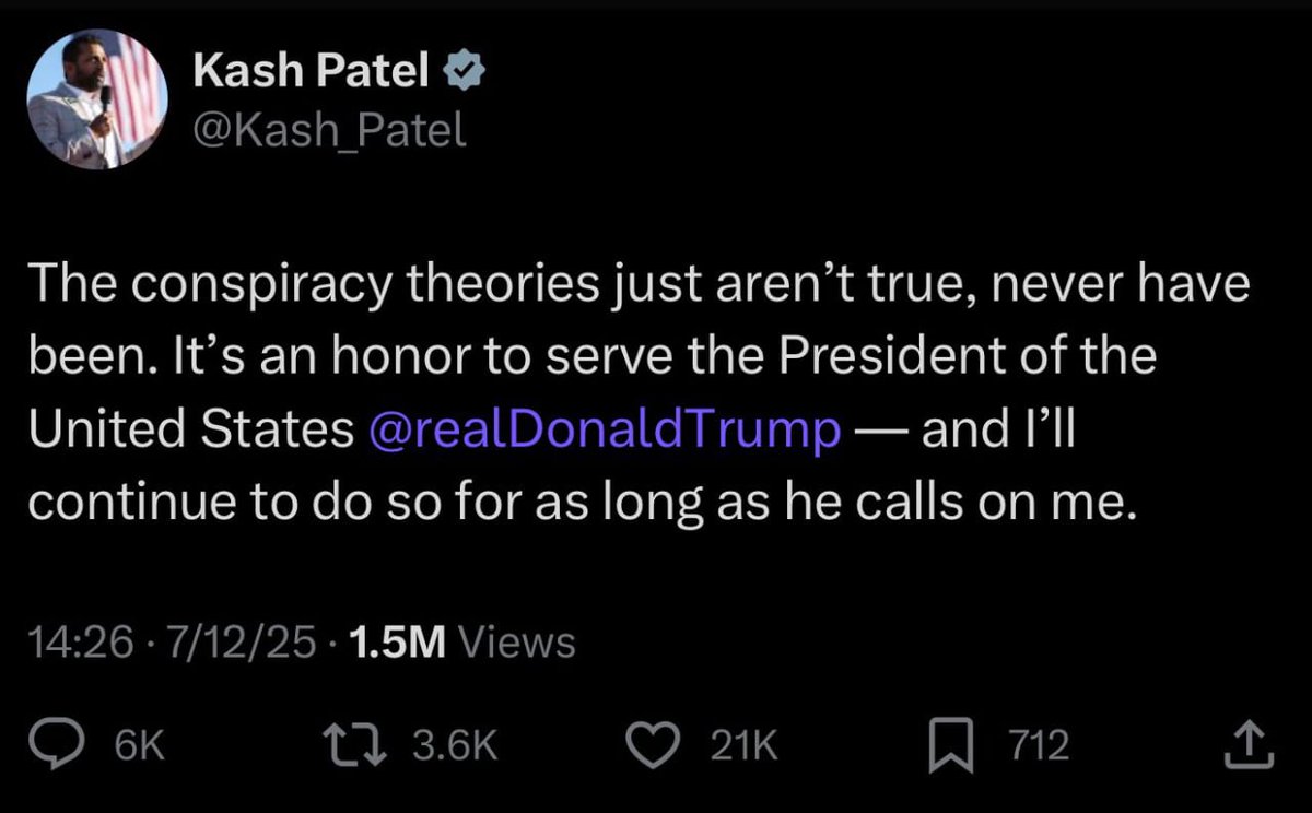 Kash Patel has stated that he will not resign from his position as #FBI Director, amidst reports that <a href="/FBI/">FBI</a> Deputy Director #DanBongino is considering leaving his job after a heated confrontation with Attorney General #PamBondi over his frustration with how the Justice Department