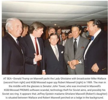 Trump with Ghislaine Maxwell's Mossad agent father and his associates. 

Trump IS the swamp.