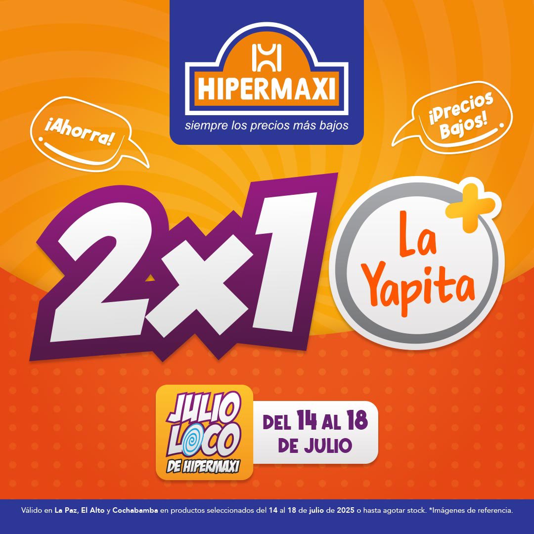 LaRazon_Bolivia's tweet photo. ¡Julio no vino solo trajo su 2x1 recargado con La Yapita! 

Del 14 al 18 de julio, en todas nuestras sucursales de las ciudades de La Paz, El Alto y Cochabamba. 

Hipermaxi, ¡Siempre los precios más bajos! 
#Hipermaxi #2x1 #LaYapita #JulioLoco https://t.co/KB2FYJOVAk