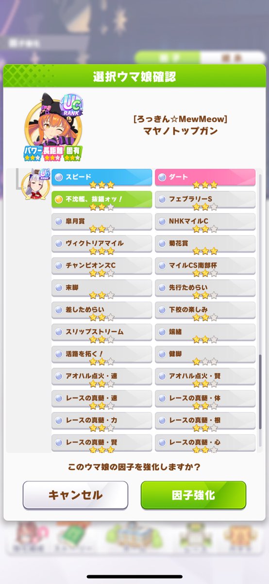 点火、真髄複数持ちの猫マヤ出来た😁
タキオンレポート候補今のところ第1位かも！
#ウマ娘
#ウマ娘因子