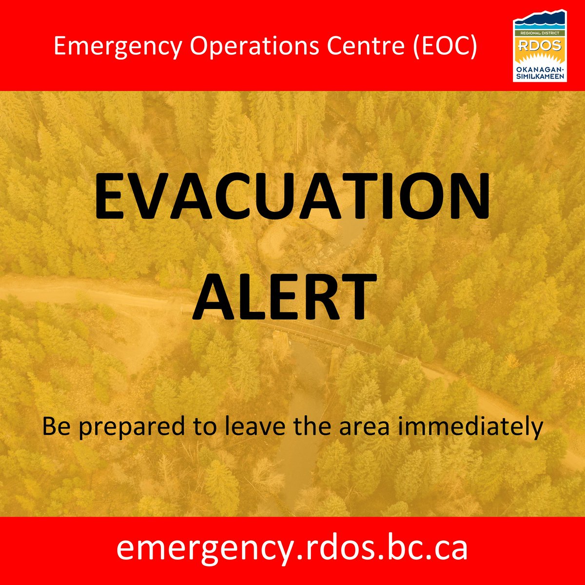 EmergMgtRDOS's tweet image. EOC Evacuation Order and Alert: August Lake Wildfire (K60923) – Saturday, July 12, 2025, 7:00 pm

The RDOS EOC is issuing an Evacuation Order and Alert due to the August Lake Wildfire in Electoral Area “H.”

More info:  rdos.bc.ca/assets/COMMS-2…