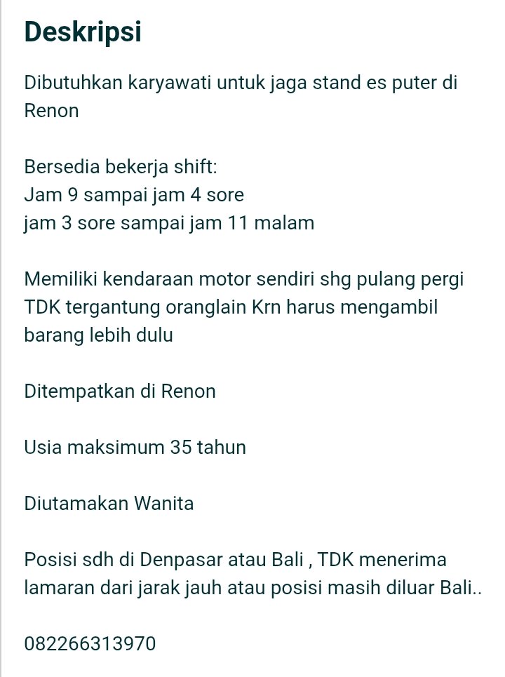 Dibutuhkan SEGERA. Lowongan pekerjaan Area Denpasar.
Untuk perkiraan Gaji
Perkiraan 2,8 -3,5.