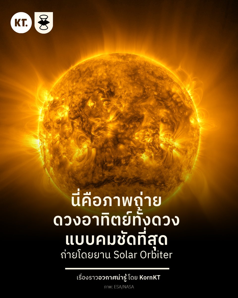kornkt's tweet photo. ☀️สวัสดีเช้าวันอาทิตย์ ด้วยภาพถ่ายดวงอาทิตย์แบบคมชัดที่สุดในประวัติศาสตร์ จากยานอวกาศ Solar Orbiter ขององค์การอวกาศยุโรป

ภาพดังกล่าวแสดงให้เห็นบรรยากาศชั้นนอกสุดของดวงอาทิตย์ เรียกว่าชั้นโคโรนา (Corona) ที่มีอุณหภูมิร้อนได้ถึงหลักล้านองศาเซลเซียส เช่นเดียวกับปรากฏการณ์ต่าง ๆ ในบรรยากาศ อาทิ Filament และ Coronal Loops เป็นต้น

ยาน Solar Orbiter ถ่ายภาพนี้เมื่อวันที่ 9 มีนาคม 2025 จากระยะห่างประมาณ 77 ล้านกิโลเมตรจากดวงอาทิตย์ โดยใช้อุปกรณ์ Extreme Ultraviolet Imager หรือ EUI บันทึกภาพความละเอียดสูงมากกว่า 200 รูป ก่อนนำมาประมวลผลรวมเป็นภาพขนาดเต็มของดวงอาทิตย์ดั่งรูปที่เห็น (สามารถดูภาพที่ซูมเข้าไปแบบชัด ๆ ได้ในคอมเมนต์)

ยานอวกาศลำนี้ เป็นภารกิจในความร่วมมือของ ESA และ NASA ออกเดินทางขึ้นสู่อวกาศเมื่อวันที่ 10 กุมภาพันธ์ 2020 เพื่อศึกษาดวงอาทิตย์อย่างละเอียด จากวงโคจรที่ห่างออกมามากกว่ายาน Parker Solar Probe ของ NASA

#KornKT #อวกาศน่ารู้