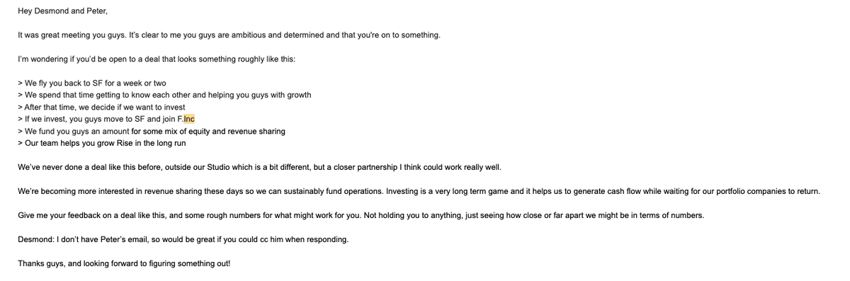 desmondhth's tweet image. Their rejection =/= your worth
I was talking to the fund lead of f.inc last Oct
He asked me to send numbers and a proposal
Then ghosted completely
I then bootstrap Rise to $350k/mo, aiming $30M ARR by next year
Believe in yourself, even when no one does.