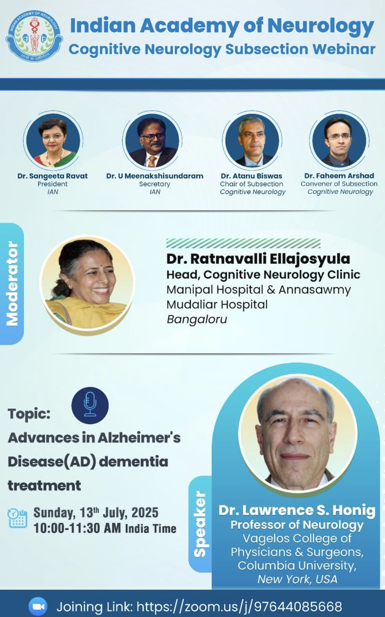 Suvarna Alladi (@alladi_suvarna) on Twitter photo *IAN Cognitive Neurology Subsection* Webinar happening in an hour! Do join.
*Advances in Alzheimer's Disease (AD) Dementia Treatment*: Dr. Lawrence Honig, _USA_ <a href="/neuro_ian/">Indian Academy of Neurology</a> <a href="/CnaCognitive/">Cognitive Neurology Association - CNA</a> <a href="/Faheem240318/">Faheem Arshad</a> <a href="/atabisneuro/">Atanu Biswas</a> <a href="/drsinjan/">Sinjan Ghosh</a>
Join @ zoom.us/j/97644085668 *IAN Cognitive Neurology Subsection* Webinar happening in an hour! Do join.
*Advances in Alzheimer's Disease (AD) Dementia Treatment*: Dr. Lawrence Honig, _USA_ <a href="/neuro_ian/">Indian Academy of Neurology</a> <a href="/CnaCognitive/">Cognitive Neurology Association - CNA</a> <a href="/Faheem240318/">Faheem Arshad</a> <a href="/atabisneuro/">Atanu Biswas</a> <a href="/drsinjan/">Sinjan Ghosh</a>
Join @ zoom.us/j/97644085668