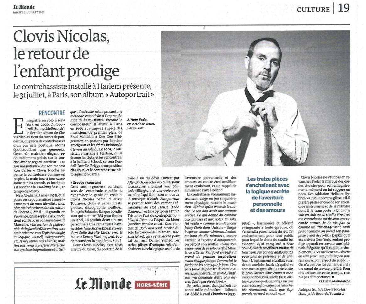 ClovisJazz's tweet photo. Full Page in #1 French Newspaper 🇫🇷 @lemondefr
"Sure hand, elegant posture, tremendous precision on the fingerboard, with that inner sight – “that magnificent sound,” says his mentor Ron Carter – Clovis Nicolas paces the double bass like one breathes."  
Francis Marmande https://t.co/Wzlv7zd5jJ