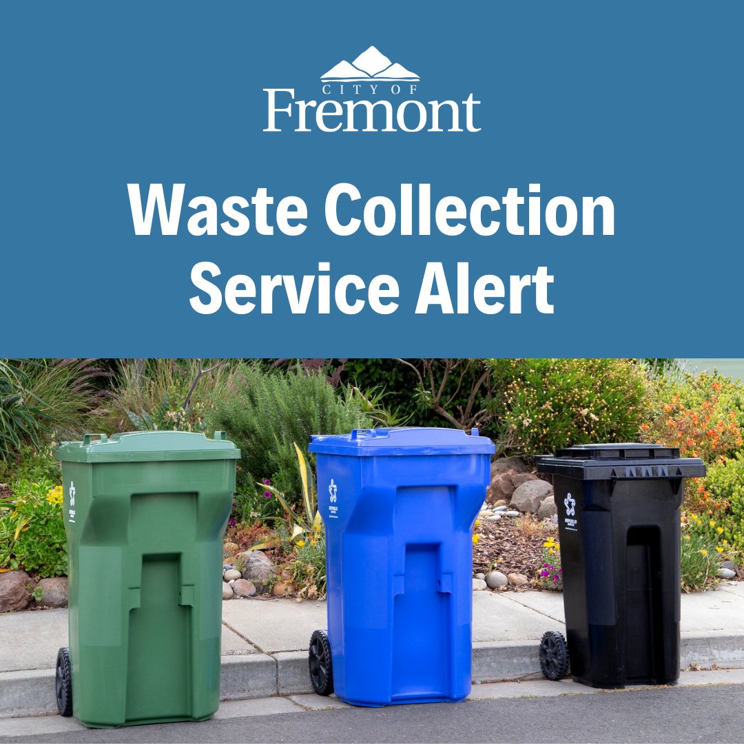 Fremont_CA's tweet photo. Waste Collection Service Alert Update for July 12, 2025 – Evening

The City of Fremont is providing another update to keep our community informed about the status of waste collection services.

As the current service disruption from Republic Services continues for a fifth day —stemming from a work stoppage by local drivers in solidarity with Teamster drivers striking in other U.S. cities—the City is urging Republic Services to restore full service to the Fremont community and have its local employees return to work. This remains a top priority, as we understand the current situation is creating unnecessary public health impacts. 

Today, Saturday, July 12, Republic Services continued reduced residential collection in Fremont using substitute drivers. Additional substitute drivers will arrive tomorrow, Sunday, and Republic Services will work throughout Sunday to remove TRASH. 

You may have received an automated call from Republic Services requesting that all the carts are set out at the curb. Only the black garbage carts will be picked up on Sunday.

The Tuesday (July 8) route has been mostly completed, with the Wednesday (July 9) route to begin on Sunday. 

Drivers are prioritizing the collection of black garbage carts, since such waste impacts public health. 

Green organics/yardwaste carts and blue recycling carts will continue to be delayed at this point. The City has no further information on when recycling and organics/yardwaste carts will be collected.

As drivers start to catch up from this week’s Tuesday and Wednesday collection routes, the City is asking residents not to place their carts at the curb for next week’s collection days. For example, if your pick-up day is normally Monday, July 14, please don’t set out your cart yet. That day’s collection will be delayed until further notice.
 
Fremont Recycling and Transfer Station:

•Fremont residents and businesses, with proof of business/residency, can continue to take their normal trash, recycling, and organics/yardwaste for free disposal to the Fremont Recycling and Transfer Station, located at 41149 Boyce Rd. in Fremont.

•Please be advised the Fremont Recycling and Transfer Station will be CLOSED to the public on Sunday, as usual. 

•Free drop-offs of normal trash, recycling, and organics/yardwaste will resume on Monday, July 14 at 6AM at the Fremont Recycling and Transfer Station (instead of at 8AM). https://t.co/V2zadnLO9O

•We understand that the lines may be long and appreciate your patience with the staff at the Fremont Recycling and Transfer Station. They are working extra hours to help the City recover. 
 
At this time,  the City and Republic Services staff do not have any information on when the current work stoppage will end, nor do we have any information on the financial status of customer bills, refunds, etc. while the work stoppage continues.