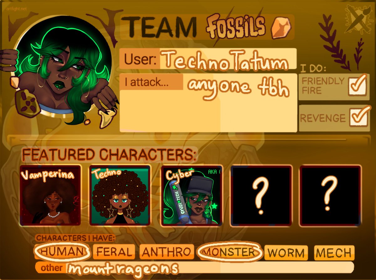 My art fight sheet.🎨💥

My goal is to do more than I did last year + I’ll try to revenge every attack 

artfight.net/~TechnoTatum