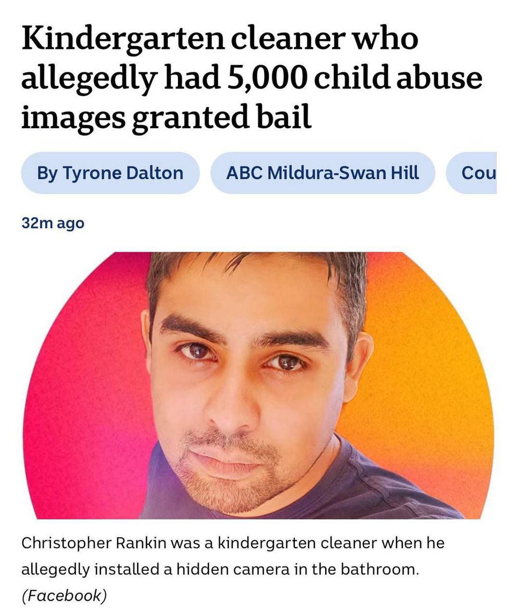 Un altro uomo che lavorava in un asilo (addetto alle pulizie) è stato accusato di possesso di 5.000 immagini di abuso su bambini, alcune scattate nei bagni.

Non so cosa stia succedendo, ma sono stati arrestati più pedofili in 4 giorni in Australia che in 4 anni.