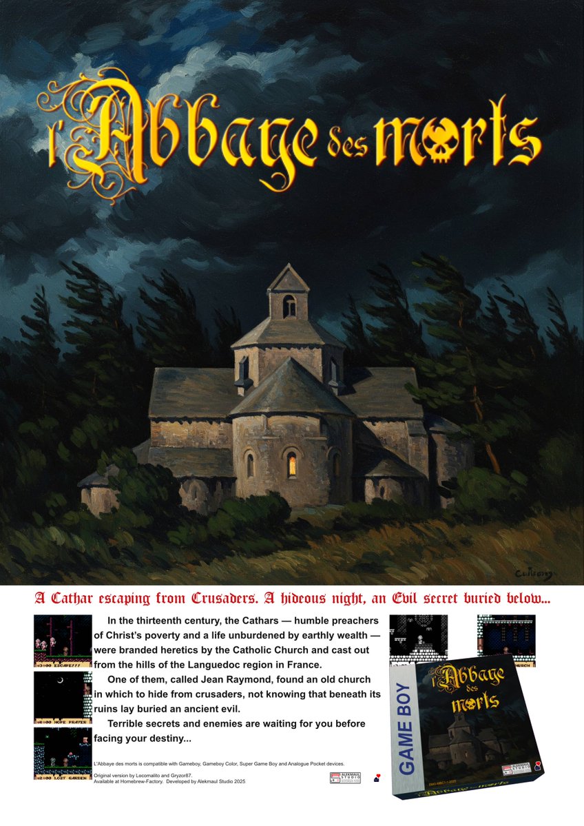 alekmaul's tweet image. It's my birthday and I'm proud to annonce that l'Abbaye des morts is coming on GB, GBC, SuperGameboy and Analogue Pocket!
We are in testing phase; stay tuned for the preorder campaign later this summer at Homebrew Factory!
#retrogaming #gb #homebrew #indiegames #indiedev #gbdev