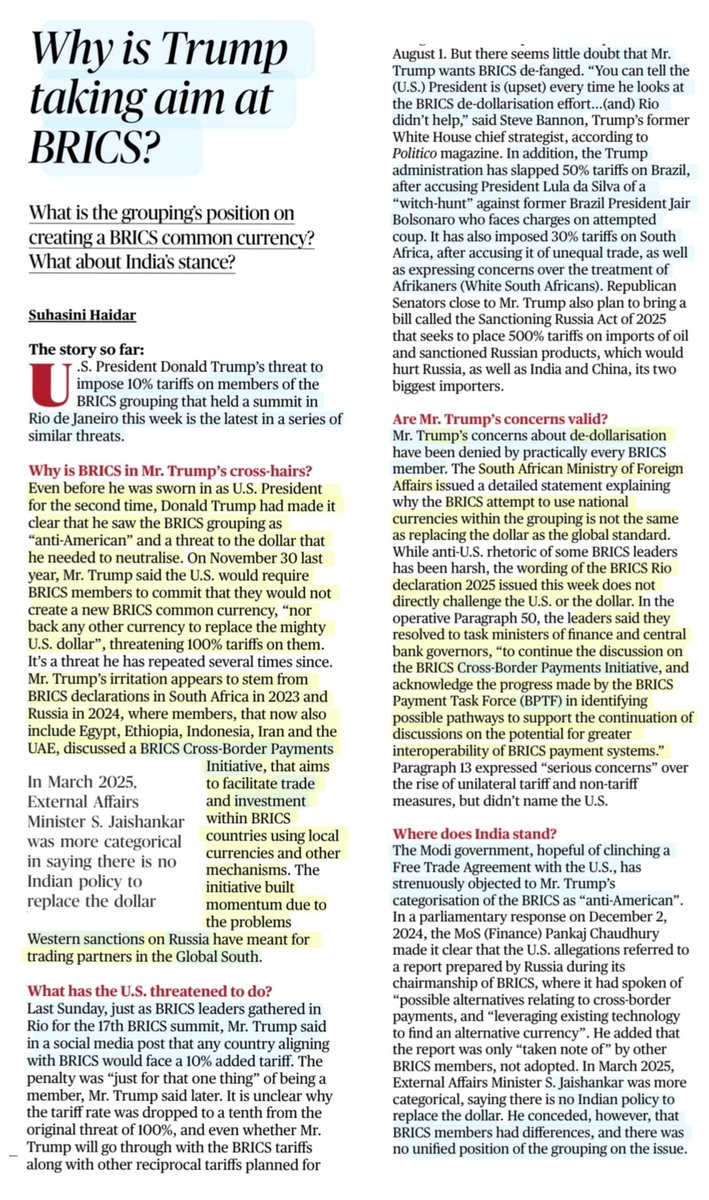 imRavikantYadav's tweet photo. 'Why is Trump taking aim at BRICS?'
:An Insightful article by Suhasini Haidar Mam
@suhasinih
#BRICS #BRICS2025 #Trump #USA #Dollar
#DeDollarisation
#TrumpTariffs
#BRICSSummit #CrossbBorderPayments #BPTF #Trade
#Investments
#GlobalSouth
#ForeignPolicy
#UPSC
Source: TH https://t.co/C8t2IMlede