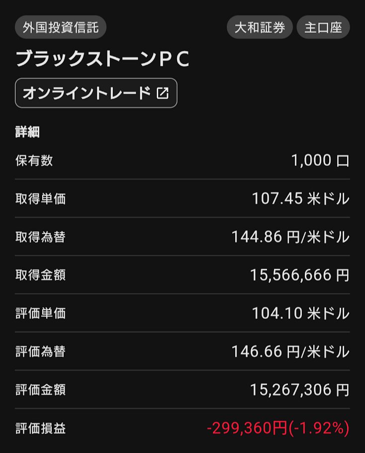 ponpontyler's tweet photo. ダイワ・ブラックストーン・プライベート・クレジット・ファンド
43日目 運用報告
取得額：107,452.66 US$
評価額：104,100.00 US$
損益(%)：-3,352.66 US$ (-3.12%)
分配金合計：565.78 US$
トータルリターン：-2,786.88 US$ (-2.59%)
#プライベートクレジット https://t.co/mtOBVc49vH