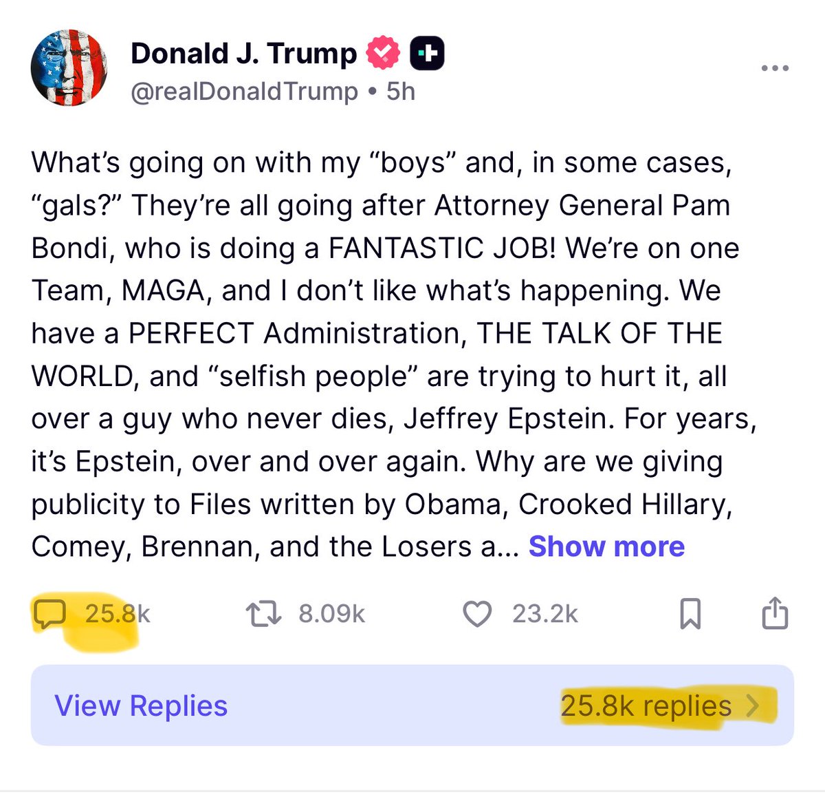 Trump is getting ratioed heavy on his own platform. MAGA cult of pedos is in the state of a civil war. 🍿