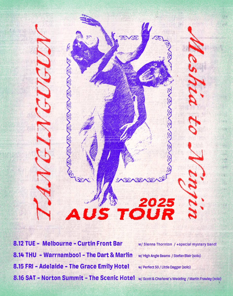 メシアと人人(めしあとにんじん) (@ninjinmeshia) on Twitter photo This August, we will be on Australia tour with TANGINGUGUN <a href="/tangingugun/">TANGINGUGUN</a> , supporting by Bedroom Suck Records <a href="/bedroomsuck/">BEDROOM SUCK RECORDS</a> !🙏✨
We're looking forward to see you!!🇦🇺 This August, we will be on Australia tour with TANGINGUGUN <a href="/tangingugun/">TANGINGUGUN</a> , supporting by Bedroom Suck Records <a href="/bedroomsuck/">BEDROOM SUCK RECORDS</a> !🙏✨
We're looking forward to see you!!🇦🇺