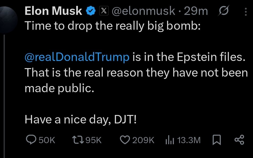 thebcpreacher's tweet image. June 5th, 2025 will be a day of true #histroy 
The day @elonmusk was right!
Many will keep trusting in the Republican government savior, @realDonaldTrump. I'll roll with the Lord over a Republican party that is tied to the "Lunatic Left" as some say.

#EpsteinFiles #Epstein