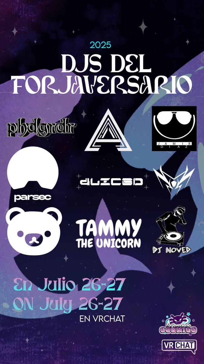 FVrchat's tweet photo. LES PRESENTAMOS LOS DJ QUE ESTARÁN EN ESTE FORJAVERSARIO CÓSMICO!!!

#vrchat #Forjaversario #DJ https://t.co/KyYX8P4ern