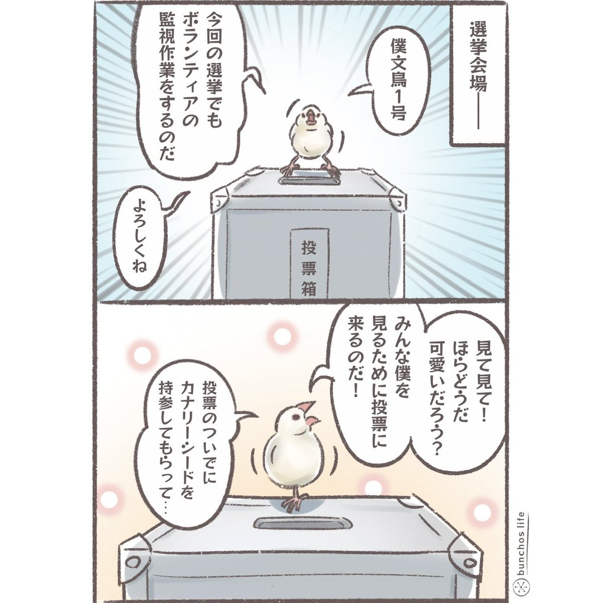 来週7/20は参議院選投票日です。もしもペット達がお迎えしてくれたら投票率があがるかも?私ならモチベはあがるw
#文鳥 
#4コマ漫画 