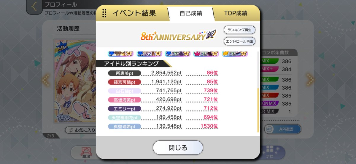 mis_train's tweet image. 改めて8周年イベントお疲れ様でした

今年は去年のリベンジであるめぐかれダブルプラチナを大幅に上回り、MS担当6/7で称号獲得出来ました

ただ瑞希を取ってあげられなかったので、来年はめぐみずきプラチナを目指します