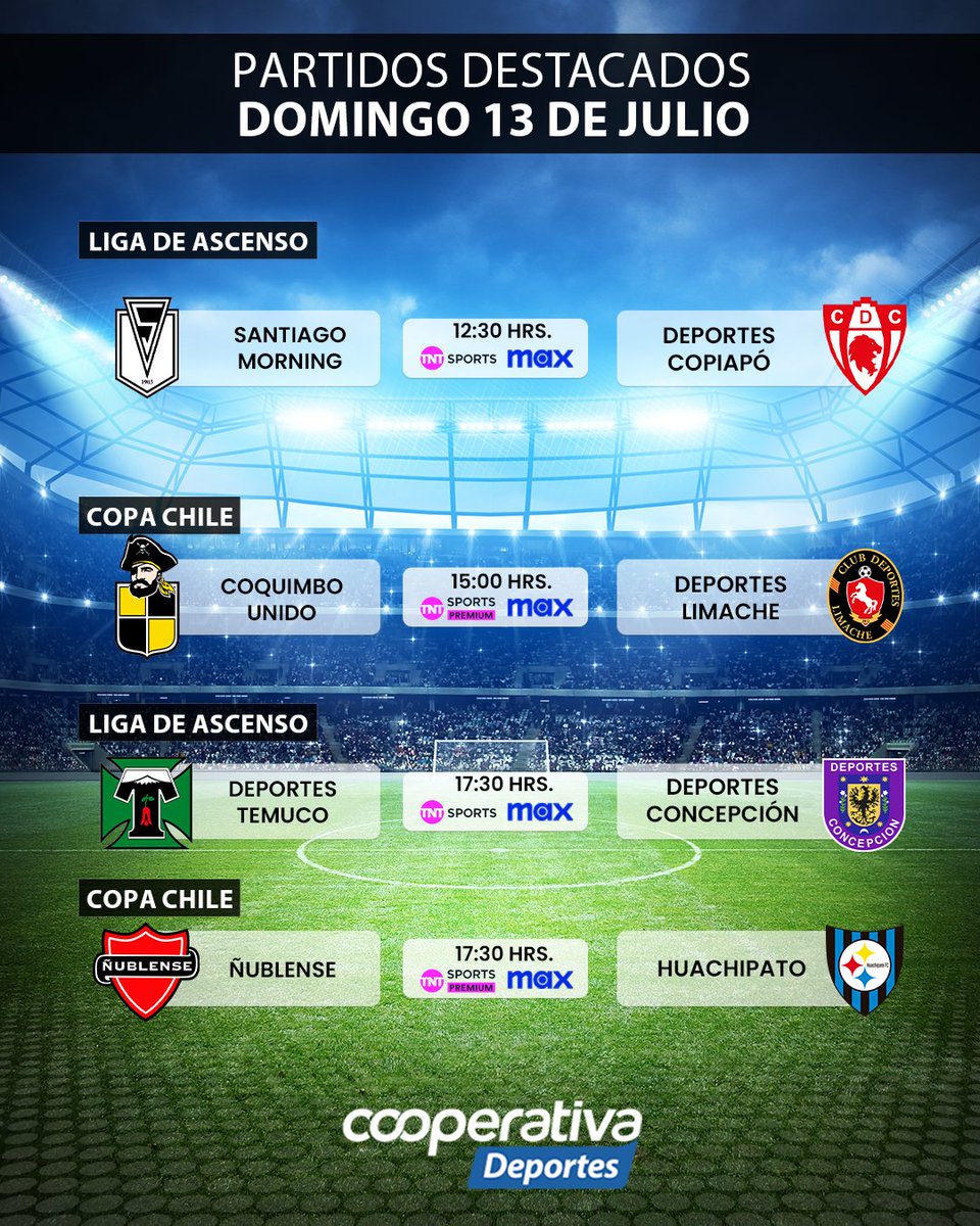 ⚽📺 Revisa cuándo y dónde ver los duelos destacados de este domingo 13 de julio en la Agenda de TV de Cooperativa Deportes #Cooperativa90 tinyurl.com/bdrwcu3t