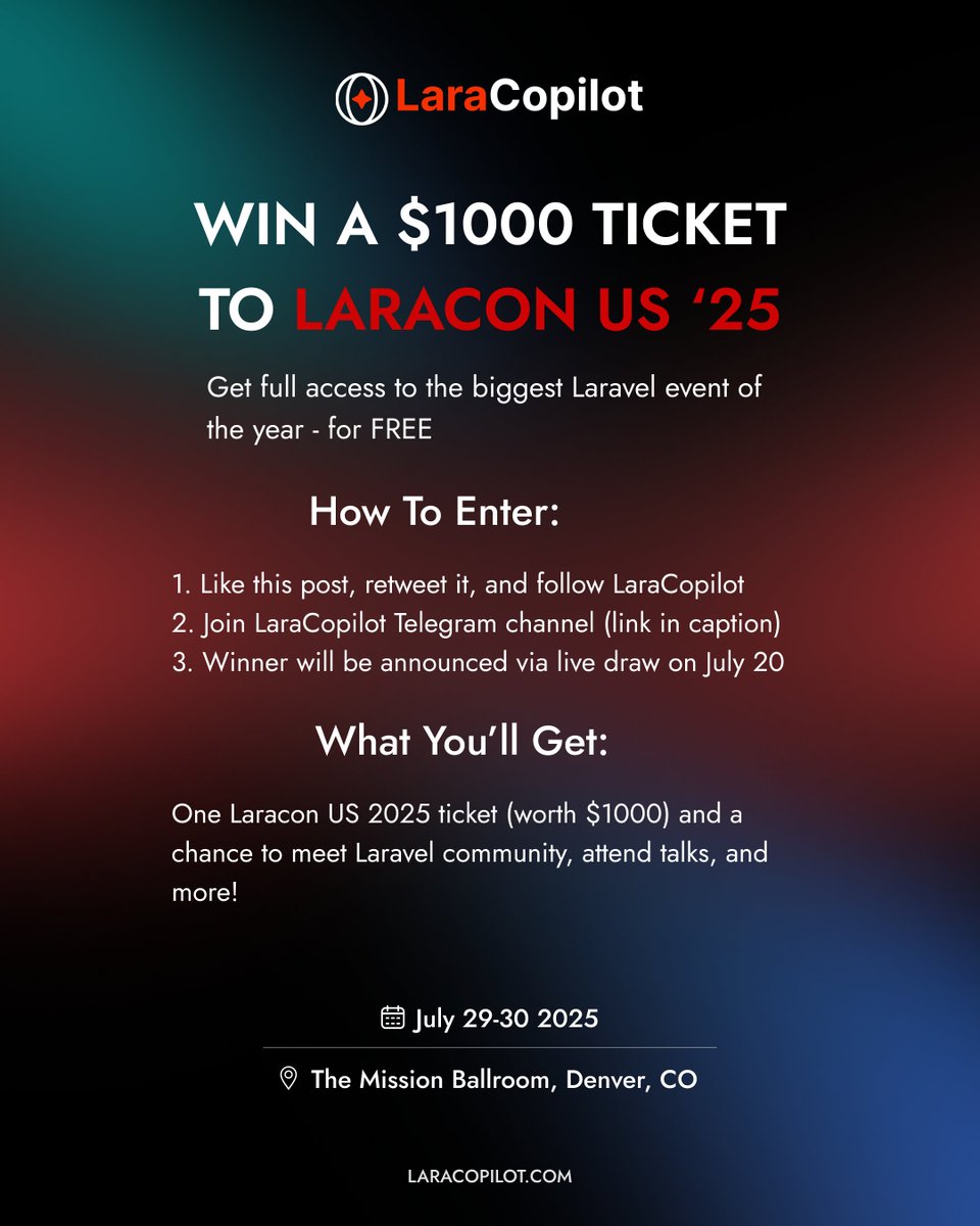 Giveaway Alert!

We’re giving away a $1000 ticket to Laracon US 2025.

Want in?
1. Like this post, retweet it and follow us
2. Join our LaraCopilot Telegram (t.me/laracopilot)

A winner will be announced via a draw on July 20
#LaraconUS2025 #LaraCopilot #Laravel #Giveaway