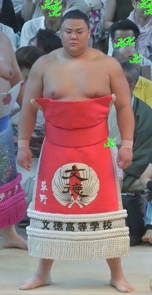 新入幕 草野。 本場所で初めて髷を結い、チョンマゲ姿。 文徳高校の