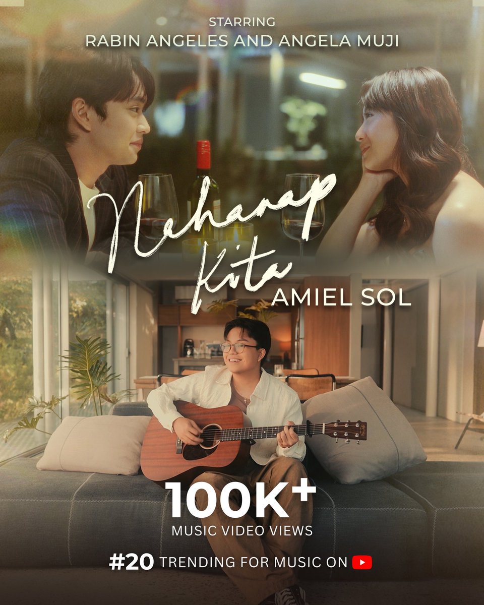 The Official Music Video “Nahanap Kita” by Amiel Sol has now 100K+ Views and currently #20 Trending for Music on YouTube! 

Starring Rabin Angeles and Angela Muji 💕
Watch it here: youtu.be/FPz9GSC5QlM

#AmielSolNahanapKitaMV #RabGelNahanapKitaMV