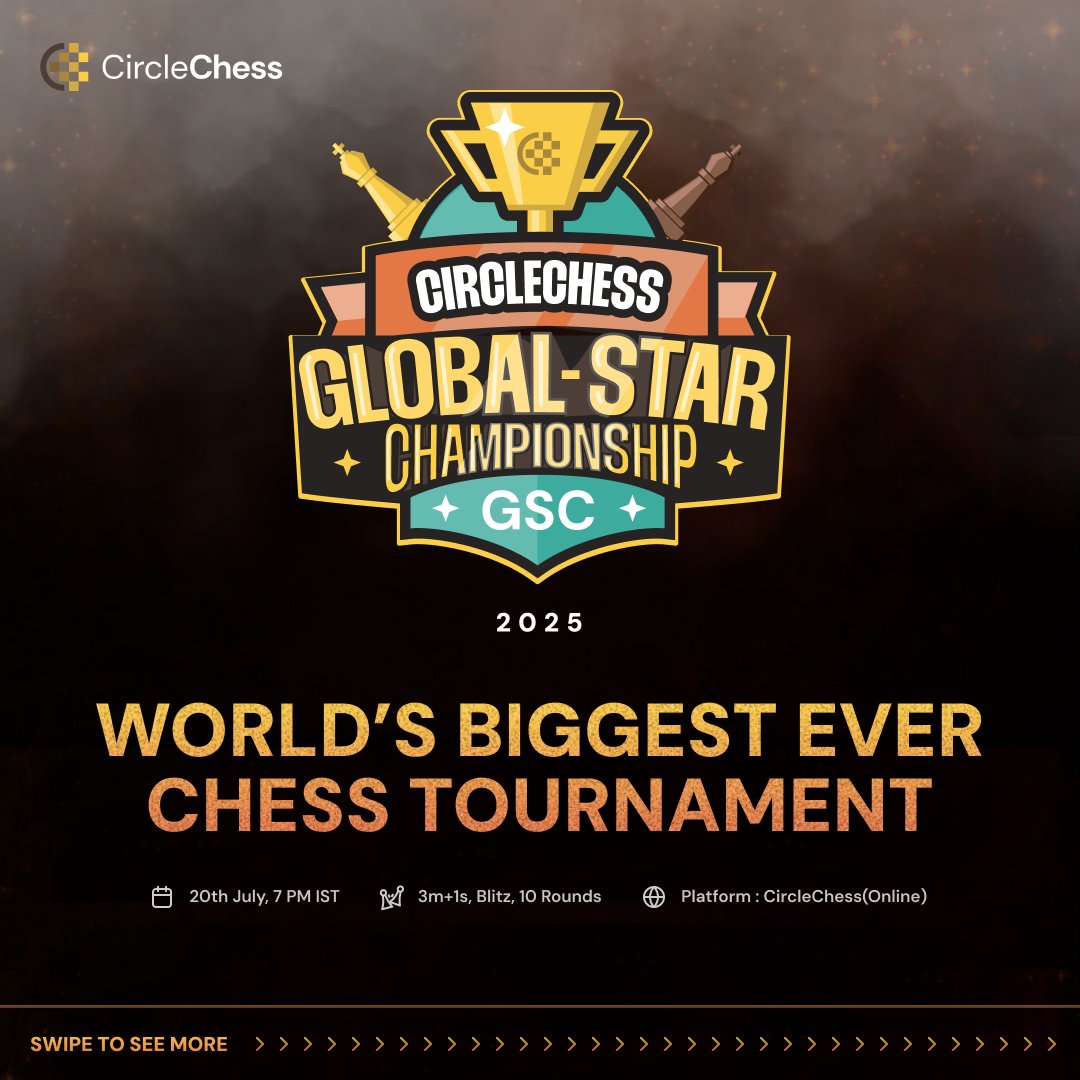 CircleChesscom's tweet image. 🚨 Star Commentator Alert! 🚨
CircleChess proudly presents GM Srinath Narayanan as the official commentator for the Global Star Championship! 🌟
📅 20th July
🕡 6:30 PM IST
📺 CircleChess YouTube
Haven't registered yet? Link in bio
#Chess #CircleChess #GMSrinath #GSC2025