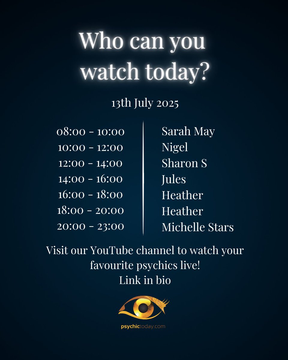 Want some psychic advice? ✨️

Tune in to our live stream and watch your favourite psychics live 🔮

Watch here:
youtube.com/@PsychicToday

#psychic #psychicadvice #livepsychic #onlinepsychic #psychicguidance