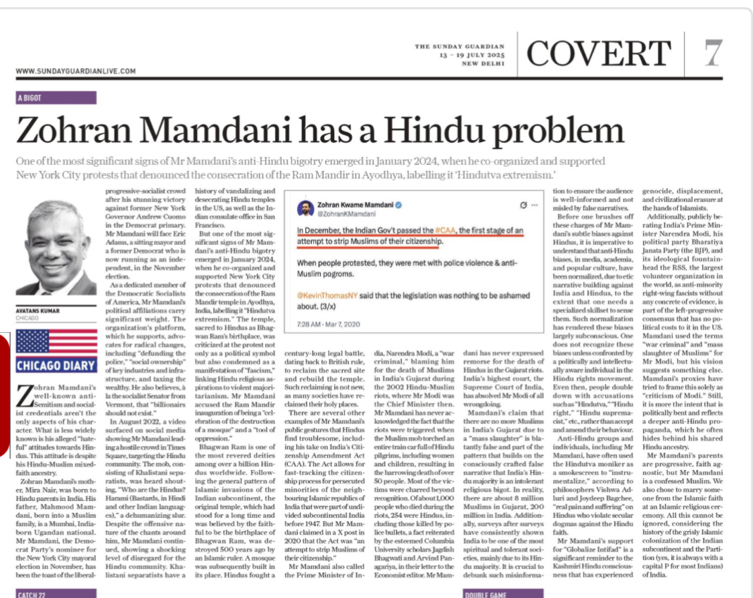 Zohran Mamdani’s well-known anti-Semitism and socialist credentials aren’t the only aspects of his character. What is less widely known is his alleged “hateful” attitudes towards Hindus.

His opposition to the Bhagwan Ram Temple in Ayodhya ji, his support to Khalistani