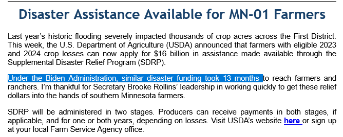 McPhersonHall's tweet image. #FinstadInTheField
Jul 11 2025

@RepFinstad snarkily blames the #BidenAdministration for the time it took for farmers to get disaster relief dollars (13 months)

The clock for #HR10545 American Relief Act started on Dec 21 2024 and checks are reportedly to be issued in Jan 2025