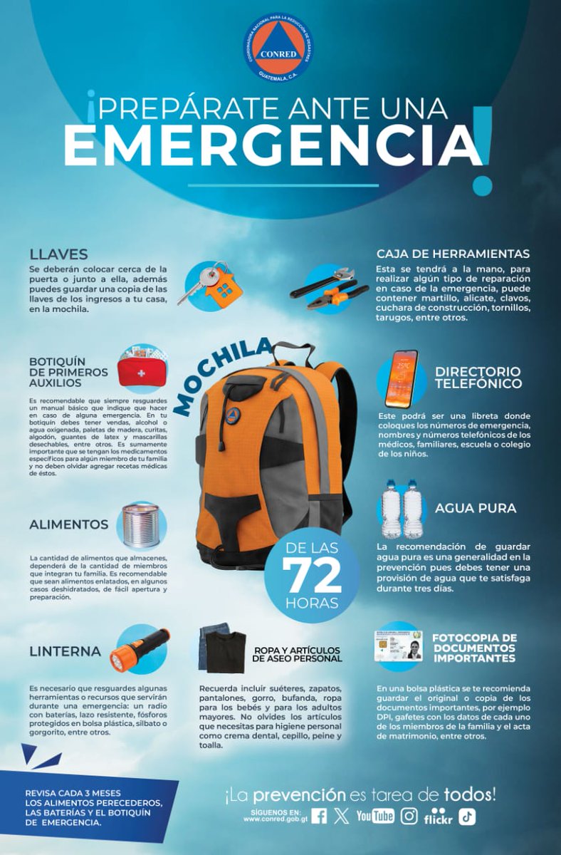 ConredGuatemala's tweet photo. Recuerda tener lista tu mochila de las 72 horas para estar preparado ante cualquier situación de emergencia o desastre. https://t.co/Z5IznUD073
