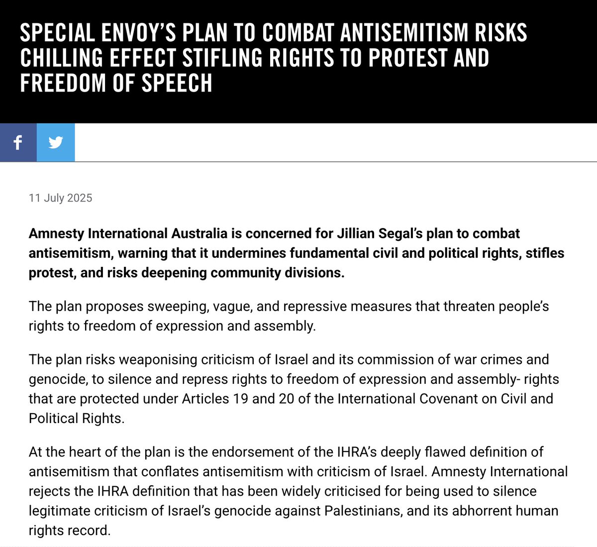 So extreme is Jillian Segal’s plan, even Amnesty International has condemned it.

Albanese commissioned it, then stood next to Segal as she launch it. How is he going to walk this back?