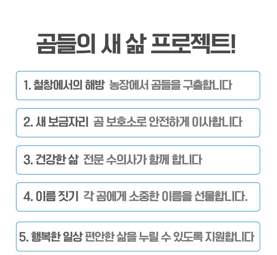 저도 참여하고 왔습니다 5초 밖에 걸리지 않아요 🥺
2026년부터 곰 사육이 전면 금지가 됩니다.
6개월 안에 곰들을 다 구조하지 못하면 농장에 남아있는 곰들은 목숨을 잃을 수 밖에 없다고 해요...😢

정말 금방 할 수 있으니까 다들 참여 부탁 드립니다!!
bearsave.greenkorea.org