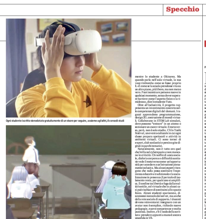 LorenzoLamperti's tweet image. Andare a scuola nel metaverso elimina preoccupazioni su aspetto fisico, provenienza geografica, estrazione sociale, timidezza. Non mancano anche le potenziali controindicazioni. L'esperimento di una scuola giapponese oggi su #Specchio de @LaStampa lastampa.it/specchio/il-re…