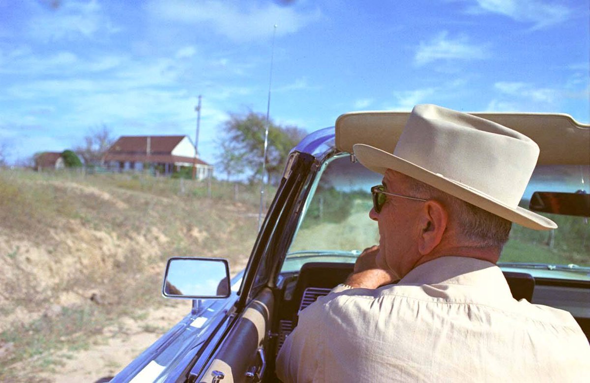 LBJ driving his Lincoln convertible wearing a Resistol Open Road hat on his Pedernales ranch in November, 1965.  Aesthetically, a wonderful shot.  It was taken by photographer Yoichi Okamoto.  And this is a gentle reminder that this page is a "partisan politics free zone."